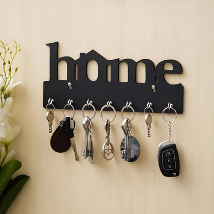 Premium Wooden MDF “HOME” “BLACK” Key Holder (12.7x30.5 cm | 0.4 cm Thick) | Wall Mounted Key Stand with 7 Stainless Steel Hooks | Decorative Organizer for Entryway & Living Room