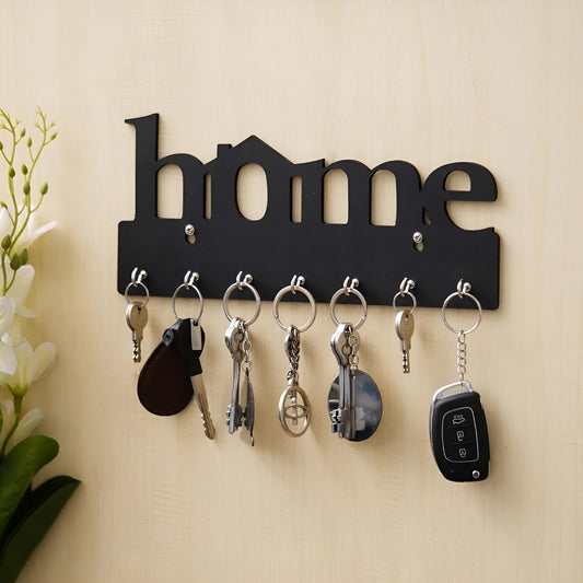 Premium Wooden MDF “HOME” “BLACK” Key Holder (12.7x30.5 cm | 0.4 cm Thick) | Wall Mounted Key Stand with 7 Stainless Steel Hooks | Decorative Organizer for Entryway & Living Room