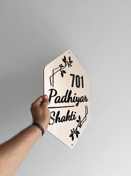 Customized Wooden Acrylic Nameplate – Hexagonal Design | Flat Number & Family Name | Elegant Home Decor
