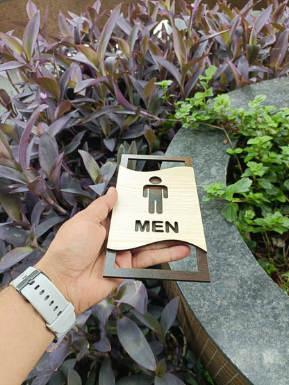 Men & Women Toilet Sign Board Set | Wooden Laser Cut Design | 4x8 Inch Each | 7MM Thickness | Peel & Stick Washroom Signage for Office, Restaurant, Home, Hotel