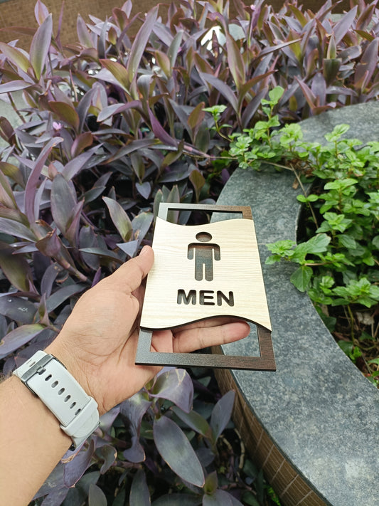 Men & Women Toilet Sign Board Set | Wooden Laser Cut Design | 4x8 Inch Each | 7MM Thickness | Peel & Stick Washroom Signage for Office, Restaurant, Home, Hotel