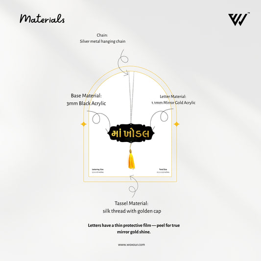 MAA KHODAL Car Hanging | Spiritual Dashboard Ornament | Gold Mirror Acrylic Letters | Black Acrylic Base | Devotional Car Decor | Rearview Mirror Tag