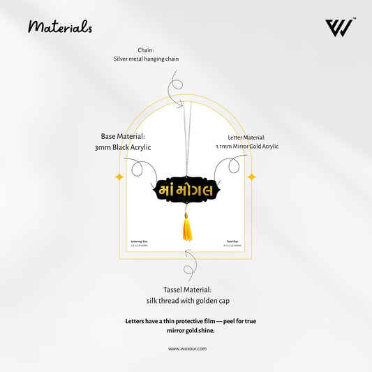 MAA MOGAL Car Hanging | Spiritual Dashboard Ornament | Gold Mirror Acrylic Letters | Black Acrylic Base | Devotional Car Decor | Rearview Mirror Tag