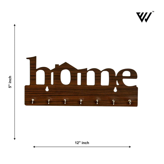 Premium Wooden MDF “HOME” “BROWN” Key Holder (12.7x30.5 cm | 0.4 cm Thick) | Wall Mounted Key Stand with 7 Stainless Steel Hooks | Decorative Organizer for Entryway & Living Room