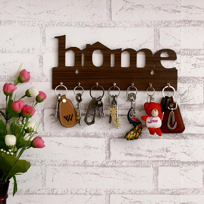 Premium Wooden MDF “HOME” “BROWN” Key Holder (12.7x30.5 cm | 0.4 cm Thick) | Wall Mounted Key Stand with 7 Stainless Steel Hooks | Decorative Organizer for Entryway & Living Room