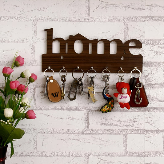 Premium Wooden MDF “HOME” “BROWN” Key Holder (12.7x30.5 cm | 0.4 cm Thick) | Wall Mounted Key Stand with 7 Stainless Steel Hooks | Decorative Organizer for Entryway & Living Room