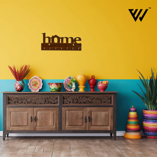 Premium Wooden MDF “HOME” “BROWN” Key Holder (12.7x30.5 cm | 0.4 cm Thick) | Wall Mounted Key Stand with 7 Stainless Steel Hooks | Decorative Organizer for Entryway & Living Room
