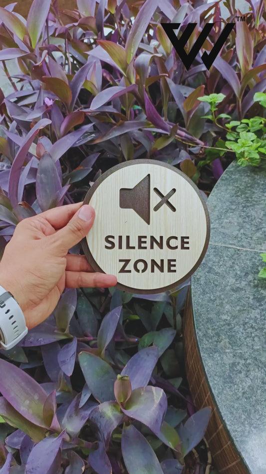SILENCE ZONE Wooden Sign Board | Round Laser Cut MDF | 6x6 Inch | 7MM Thickness | Peel & Stick | Noise Control Signage for Offices, Clinics, Libraries, Temples