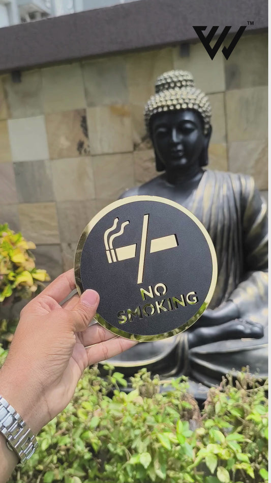 MDF + Acrylic NO SMOKING Sign Board – 6x6 Inch | 5mm Thick | MDF Top with Gold Acrylic Base | Modern Prohibition Sign for Office, Clinic, Hotel, Public Areas