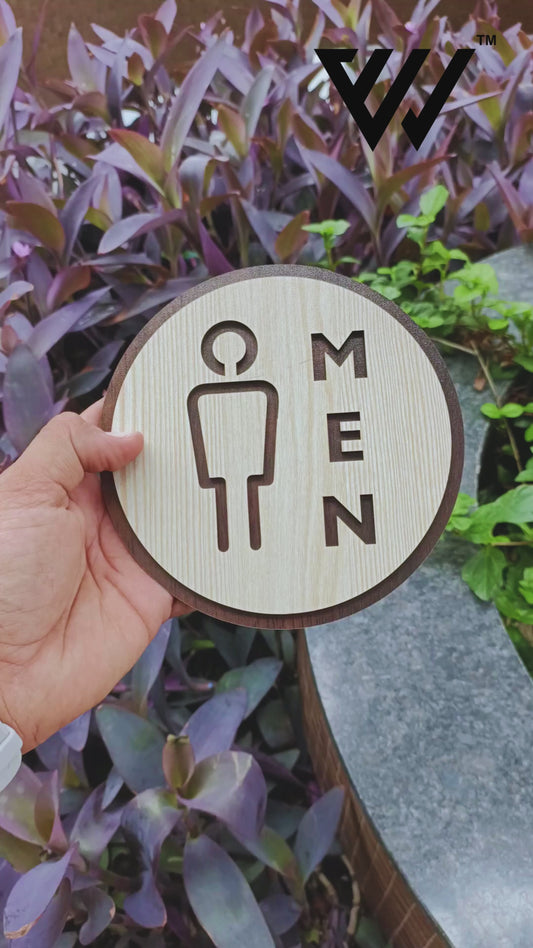 Wooden MEN Toilet Sign Board | Round Laser Cut MDF | 6x6 Inch | 7MM Thickness | Peel & Stick Washroom Sign for Office, Home, Café, Hotel
