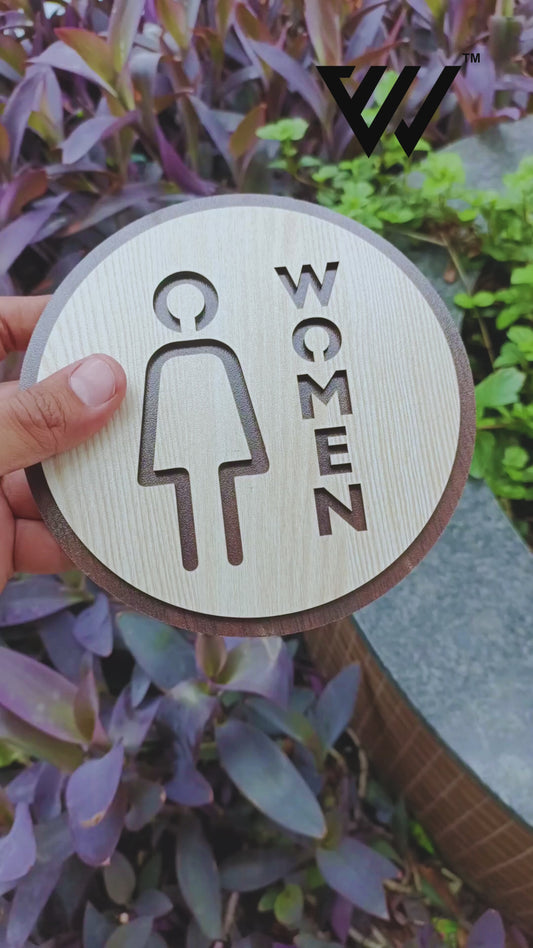 WOMEN Toilet Sign Board | Round MDF Laser Cut | 6x6 Inch | 7MM Thickness | Peel & Stick | Female Restroom Symbol for Office, Café, Home
