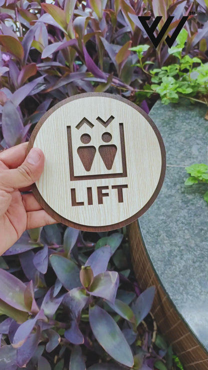 Wooden Lift Sign Board | Round Laser Cut MDF | 6x6 Inch | 7MM Thickness | Peel & Stick Installation | Elevator Direction Sign for Wall, Apartment, Office, Hotel