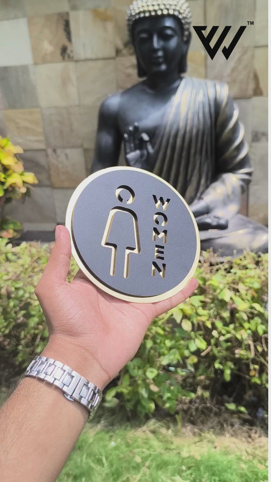 MDF + Acrylic WOMEN Sign Board – 6x6 Inch | 5mm Thick | MDF Top with Gold Acrylic Base | Elegant Female Restroom Sign for Office, Mall, Hotel, Clinic