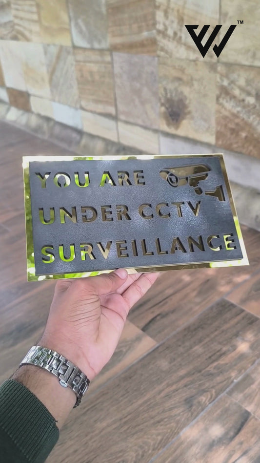 MDF + Acrylic CCTV Surveillance Sign Board – 10x6 Inch | 5mm Thick | MDF Top with Gold Acrylic Base | Security Warning Board for Office, Shop, Home, or Public Area