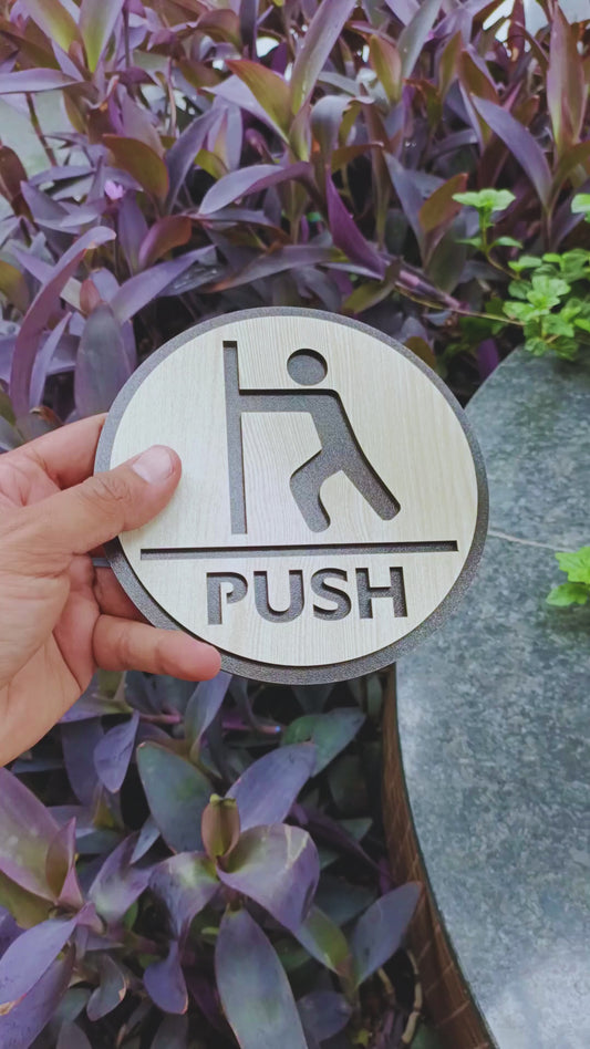 Wooden PUSH Door Sign Board | Round Laser Cut MDF | 6x6 Inch | 7MM Thickness | Peel & Stick | Door Instruction Signage for Shops, Offices, Homes